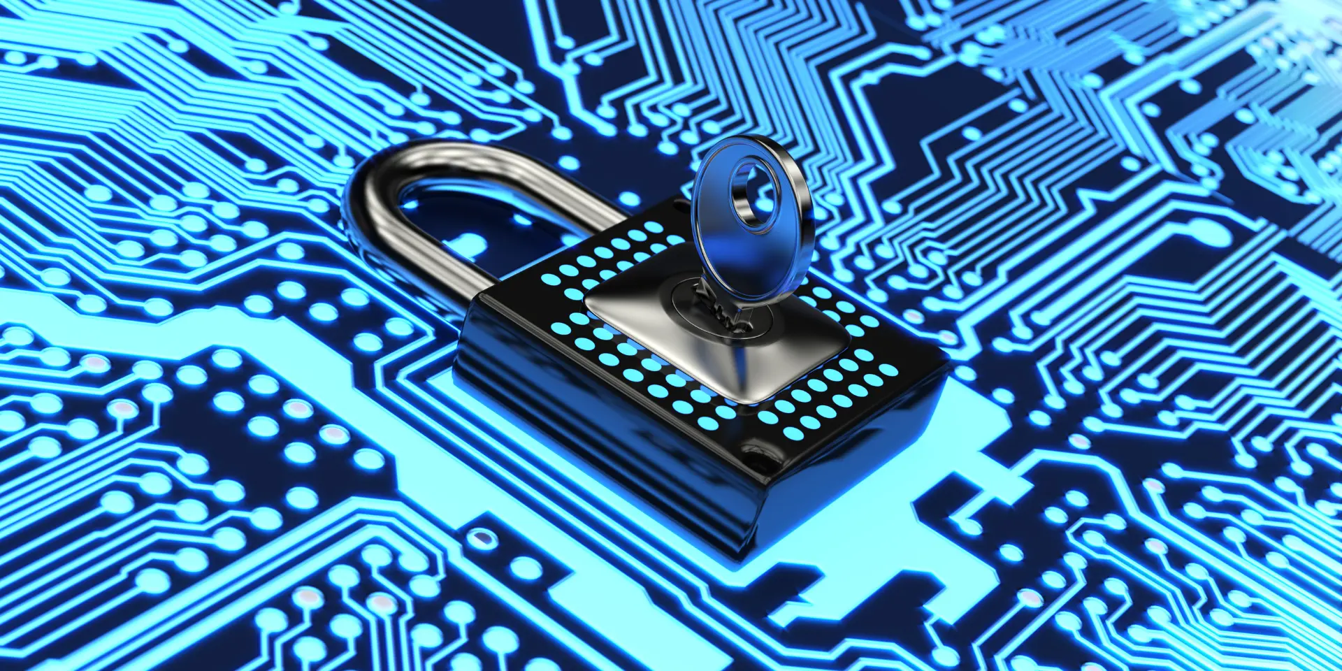 Padlock on a circuit board symbolising locking down electronics security