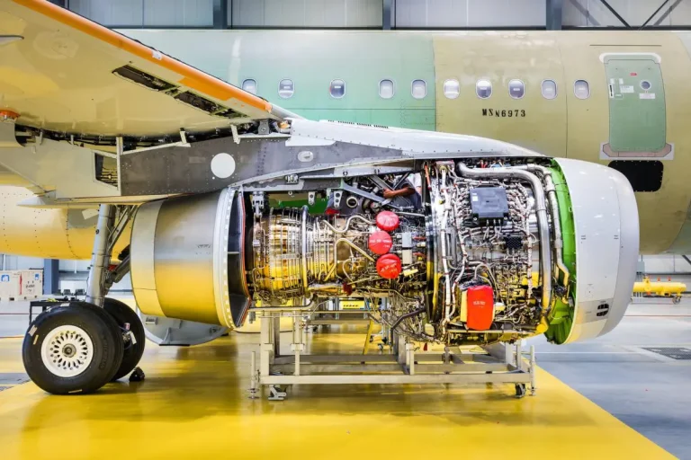 Side view of an exposed Airbus engine show the engine control units