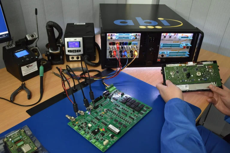 ABI BoardMaster diagnosing circuit board for fault in a test set up, while another PCB is being inspected