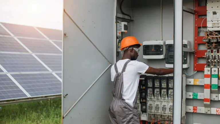 African american man in grey overalls and orange helmet repairing cables in switchgear at solar station. Concept of people, maintenance and alternative energy.